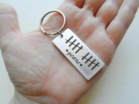 Aluminum Tag Keychain Engraved with 10 Tally Marks and "Years", Couples 10 Year Anniversary Gift