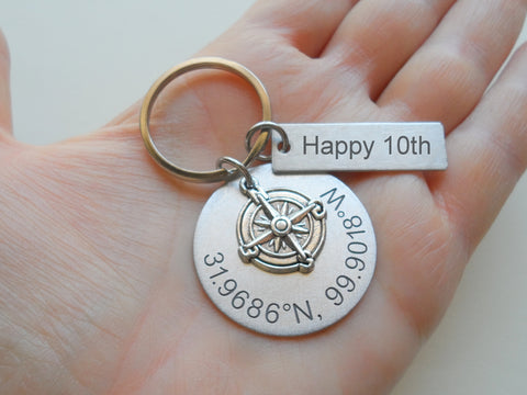 Custom Engraved Coordinates Keychain Aluminum Disc & Rectangle Tag with Compass Charm, Anniversary Gift Keychain, Special Occasion GPS Keychain