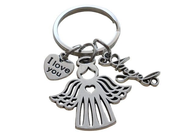 Memorial Keychain with Angel Charm, Word Angel Charm, and I Love You Heart Charm; My Guardian Angel Keychain