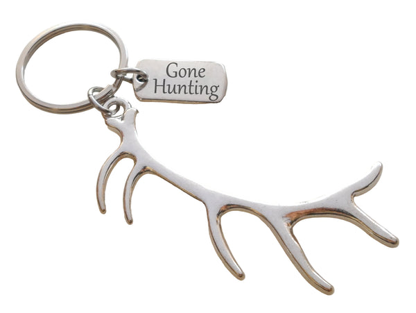 Deer Antler Charm Keychain with Gone Hunting Engraved Tag, Hunters Keychain Gift