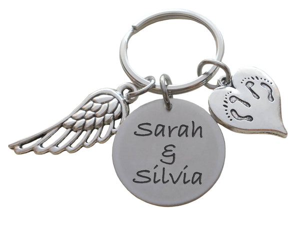 Custom Engraved Twin Babies Memorial Charm Keychain with Twin Feet Heart & Wing Charm, Twins Loss, Miscarriage Stillborn Loss Gift