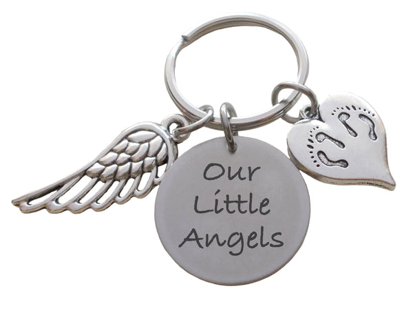 Twin Babies Memorial Charm Keychain with Custom Engraved Disc, Twin Feet Heart & Wing Charm, Twins Loss, Miscarriage Stillborn, Gift
