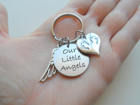 Twin Babies Memorial Charm Keychain with Custom Engraved Disc, Twin Feet Heart & Wing Charm, Twins Loss, Miscarriage Stillborn, Gift
