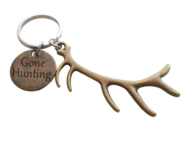 Bronze Deer Antler Charm Keychain with Gone Hunting Engraved Tag, Hunters Keychain Gift