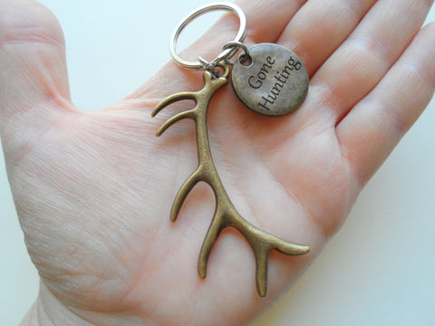 Bronze Deer Antler Charm Keychain with Gone Hunting Engraved Tag, Hunters Keychain Gift