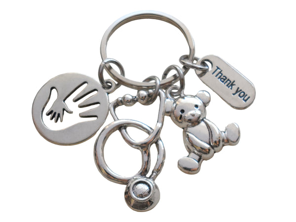 Child Life Specialist Gift Keychain, Pediatric Health Care Keychain, Teddy Bear, Stethoscope, Hand in Hand Charm Keychain, Thank You Tag Keychain