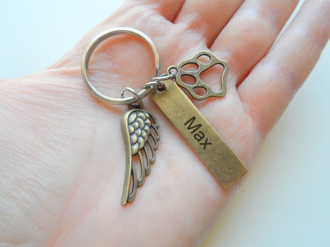 Bronze Charm Dog Memorial Keychain • Custom Engraved Tag with Wing & Paw Charm