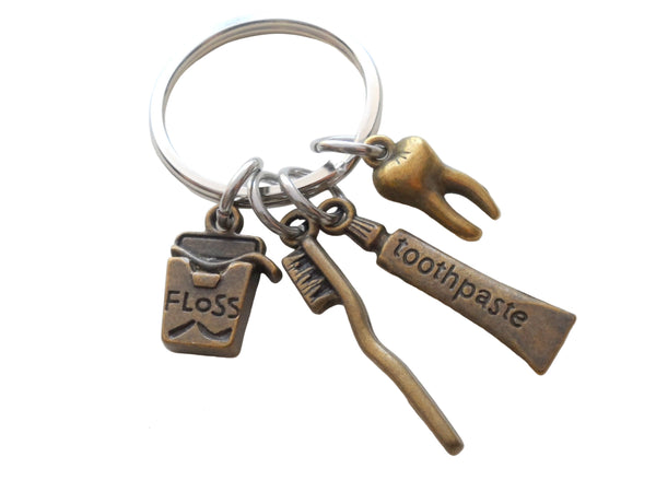 Bronze Toothbrush, Toothpaste, Floss & Tooth Charm Keychain, For Dental Assistant, Dental Office Staff, Orthodontics Employee Thank You Keychain