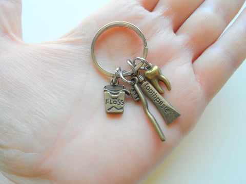 Bronze Toothbrush, Toothpaste, Floss & Tooth Charm Keychain, For Dental Assistant, Dental Office Staff, Orthodontics Employee Thank You Keychain