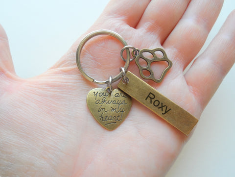 Bronze Charm Dog Memorial Keychain • Custom Engraved Tag with Paw Charm & You are Always in My Heart Charm