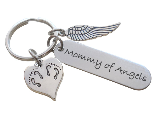 "Mommy of Angels" Keychain with Twins Feet Heart Charm & Wing Charm, Twin Babies Memorial Keychain