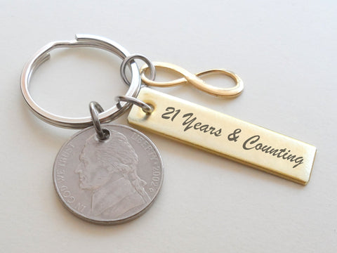 Custom Engraved Brass Tag Keychain with Nickel & Brass Infinity Charm, 21 Year Anniversary Gift, Personalized Keychain