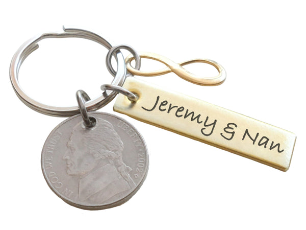 Custom Engraved Brass Tag Keychain with Nickel & Brass Infinity Charm, 21 Year Anniversary Gift, Personalized Keychain