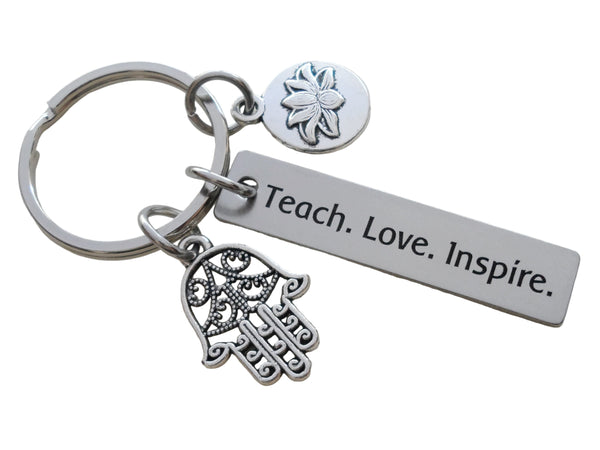 Yoga Teacher or Student Keychain, "Teach. Love. Inspire." Engraved Tag, Hamsa Hand Charm & Lotus Flower Charm