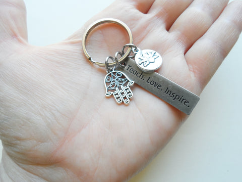 Yoga Teacher or Student Keychain, "Teach. Love. Inspire." Engraved Tag, Hamsa Hand Charm & Lotus Flower Charm