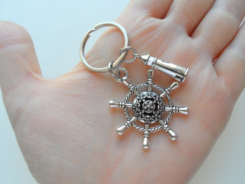 Large Ships Helm Charm Keychain with Lighthouse Charm