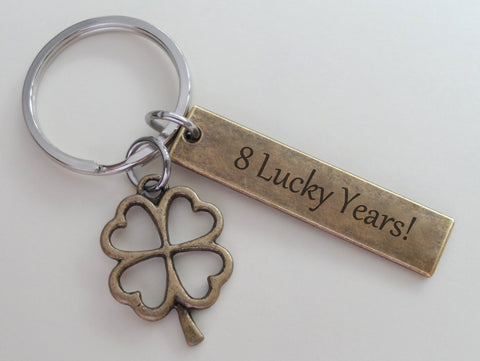 Bronze Four Leaf Clover Charm Keychain with Custom Engraved Tag, Couples Keychain