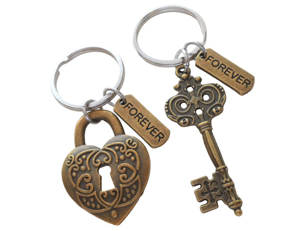 Bronze Key and Heart Lock Charm Keychain Set with Forever Charms, Couples Keychain Set