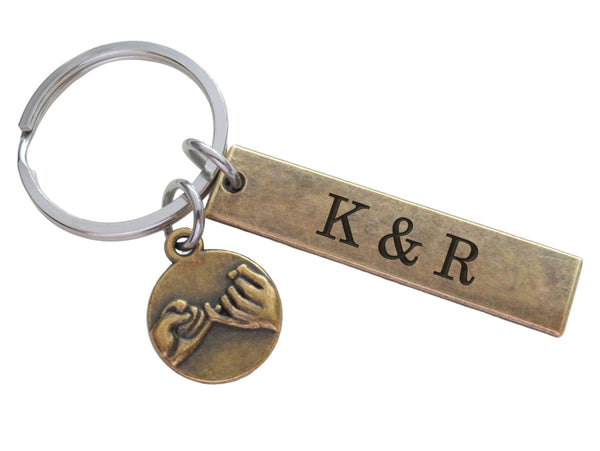 Bronze Pinky Promise Charm Keychain with Custom Engraved Tag, Couples Gift