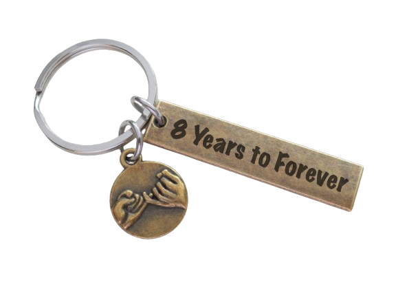 Bronze Pinky Promise Charm Keychain with "8 Years to Forever" Engraved Tag; Couple 8 Year Anniversary Keychain