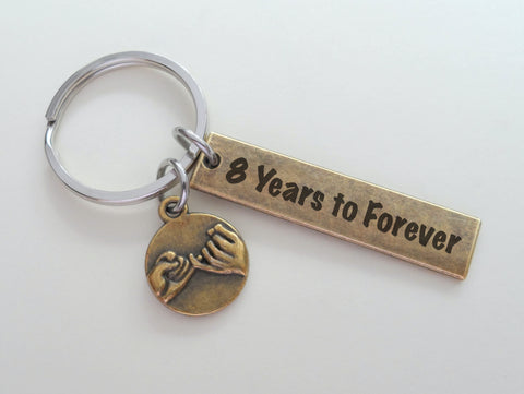 Bronze Pinky Promise Charm Keychain with "8 Years to Forever" Engraved Tag; Couple 8 Year Anniversary Keychain