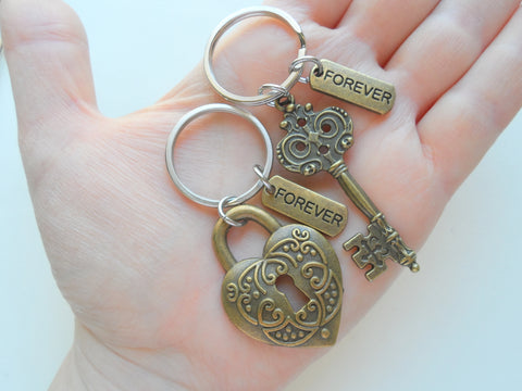 Bronze Key and Heart Lock Charm Keychain Set with Forever Charms, Couples Keychain Set
