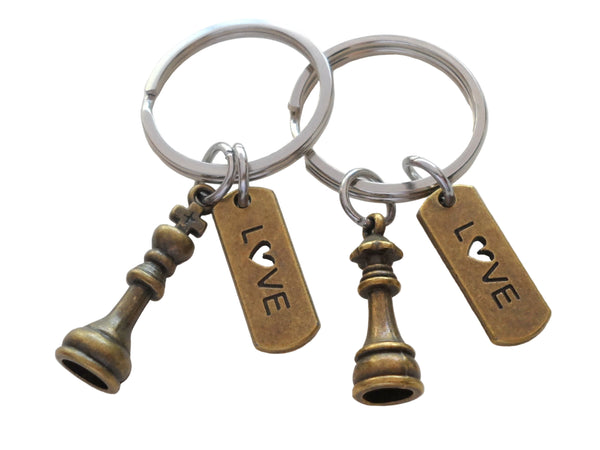 Bronze Small Chess Piece Charm Keychains with Love Charms, King and Queen Set - Couples Keychain Set