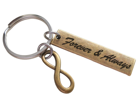 Small Bronze Infinity Charm Keychain with Custom Engraved Tag - Couples Keychain