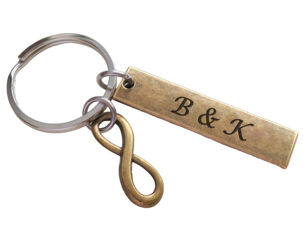 Small Bronze Infinity Charm Keychain with Custom Engraved Tag - Couples Keychain