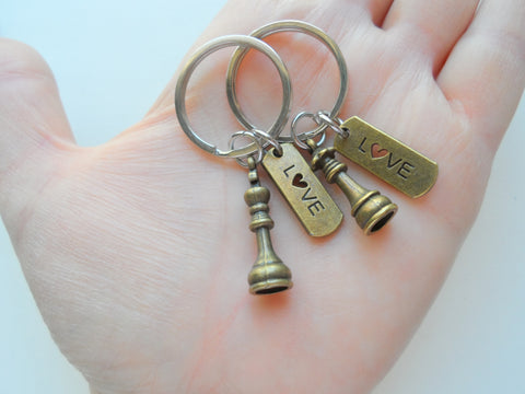 Bronze Small Chess Piece Charm Keychains with Love Charms, King and Queen Set - Couples Keychain Set