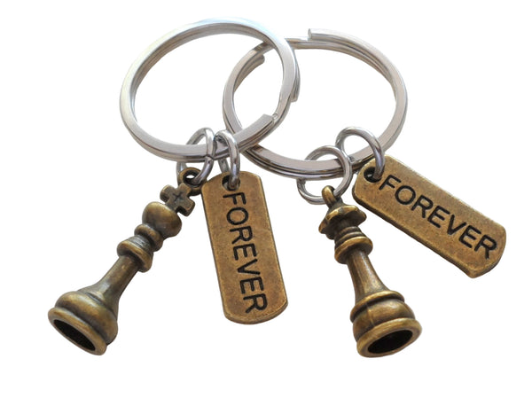 Bronze Small Chess Piece Charm Keychains with Forever Charms & Custom Engraved Option, King and Queen Set - Couples Keychain Set