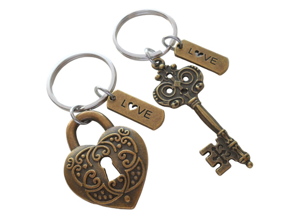 Bronze Key and Heart Lock Charm Keychain Set with Love Charms, Couples Keychain Set