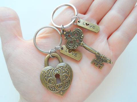 Bronze Key and Heart Lock Charm Keychain Set with Love Charms, Couples Keychain Set