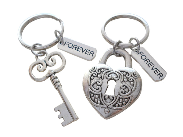 Key and Heart Lock Charm Keychain Set with Forever Charms - Key To My Heart; Couples Keychain Set