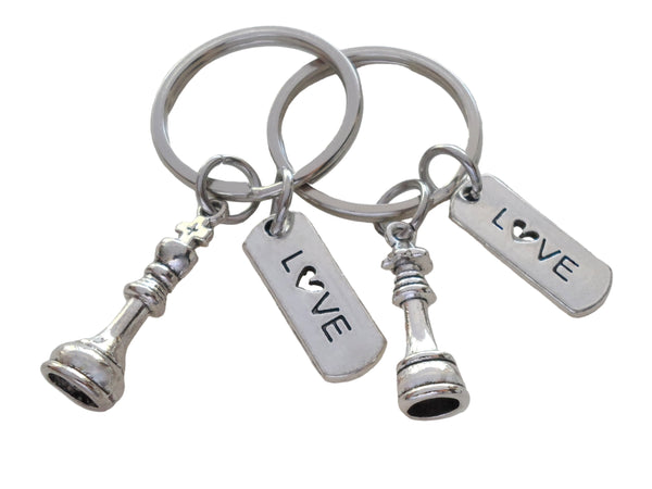 Small Chess Piece Charm Keychains with Love Tag Charms, King and Queen Set - Couples Keychain Set