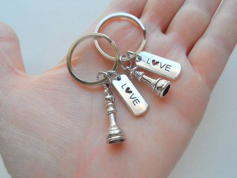 Small Chess Piece Charm Keychains with Love Tag Charms, King and Queen Set - Couples Keychain Set