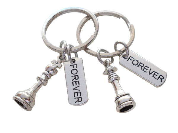 Small Chess Piece Charm Keychains with Forever Tag Charms, King and Queen Set - Couples Keychain Set