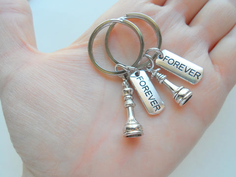 Small Chess Piece Charm Keychains with Forever Tag Charms, King and Queen Set - Couples Keychain Set