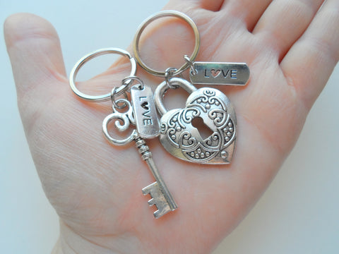 Key and Heart Lock Charm Keychain Set with Love Charms - Key To My Heart; Couples Keychain Set