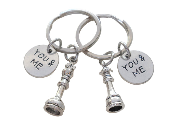 Small Chess Piece Charm Keychains with You & Me Circle Charms, King and Queen Set - Couples Keychain Set