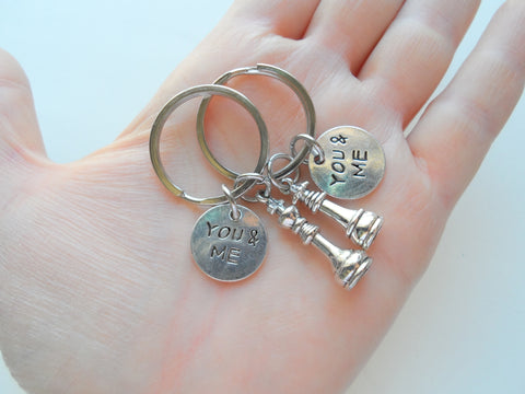 Small Chess Piece Charm Keychains with You & Me Circle Charms, King and Queen Set - Couples Keychain Set