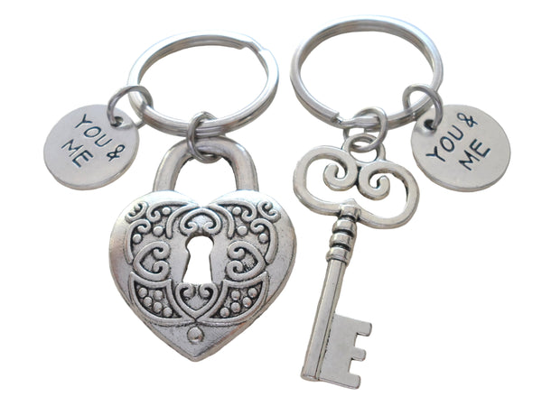 Key and Heart Lock Charm Keychain Set with You & Me Charms - Key To My Heart; Couples Keychain Set