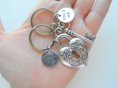 Key and Heart Lock Charm Keychain Set with You & Me Charms - Key To My Heart; Couples Keychain Set