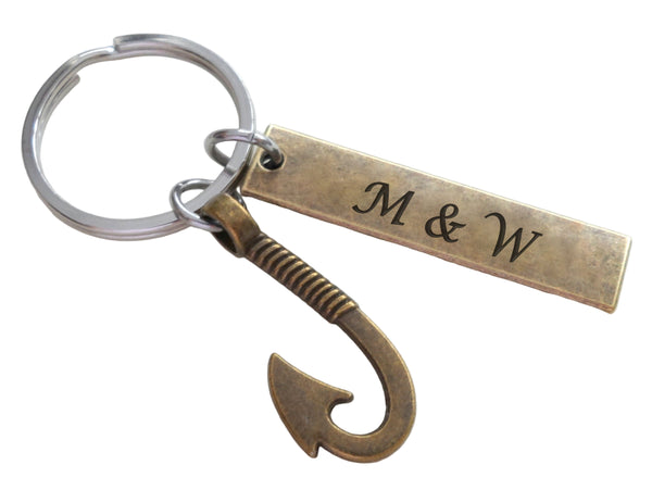 Bronze Fish Hook Charm Keychain with Custom Engraved Tag by JewelryEveryday.