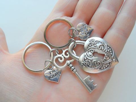 Key and Heart Lock Charm Keychain Set with I'm Yours Charms - Key To My Heart; Couples Keychain Set