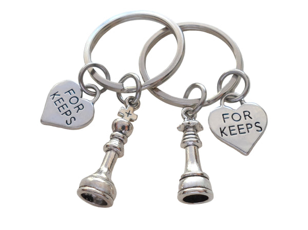 Small Chess Piece Charm Keychains with For Keeps Heart Charms, King and Queen Set - Couples Keychain Set