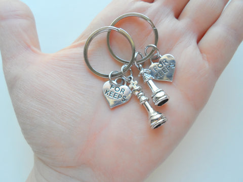 Small Chess Piece Charm Keychains with For Keeps Heart Charms, King and Queen Set - Couples Keychain Set