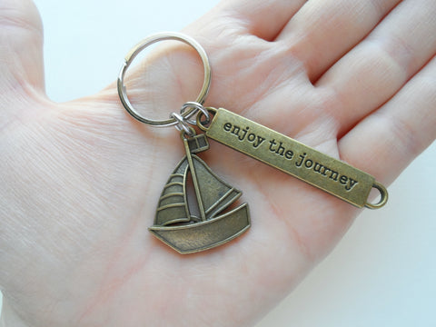 Bronze Sailboat Charm Keychain with Enjoy the Journey Tag Charm