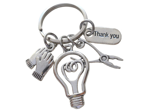Electrician or Housekeeping Appreciation Keychain with Light Bulb, Pliers, Work Gloves & Thank You Charm, Employee Appreciation Keychain