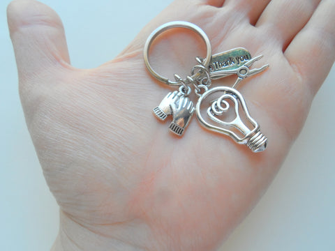 Electrician or Housekeeping Appreciation Keychain with Light Bulb, Pliers, Work Gloves & Thank You Charm, Employee Appreciation Keychain